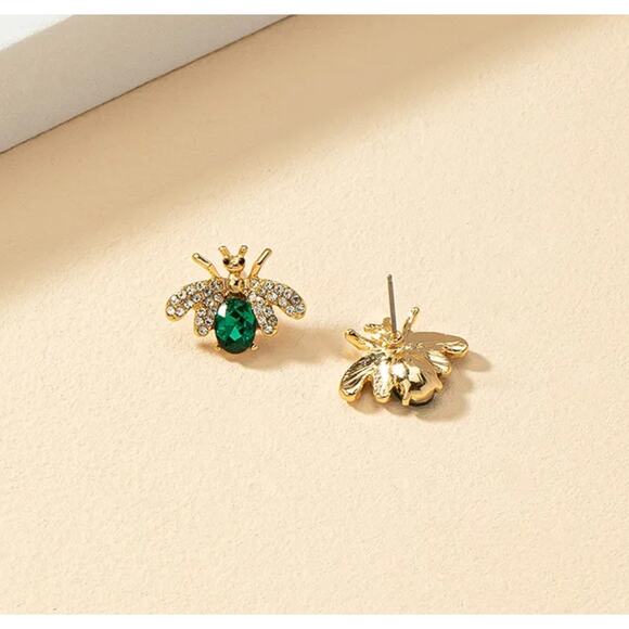 Bumble Bee Emerald Green Studs Gold Tone Earrings Gift Honey Bee Jewelry - Picture 5 of 7